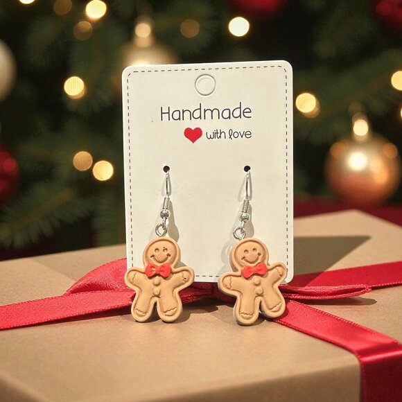 Handmade Gingerbread Earrings | Christmas Earrings | Polymer Clay Jewelry - Picture 1 of 7